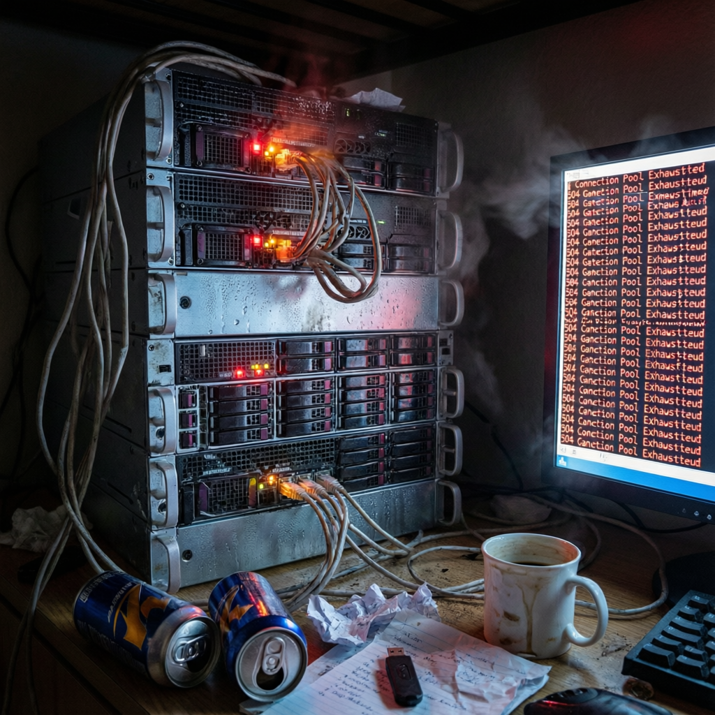 We watched the error logs pile up in real time. The database connection pool ran dry. Queries stacke