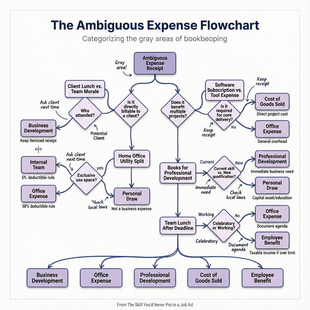 Or take the freelance bookkeeper who has a mental flowchart for categorizing ambiguous expenses, the