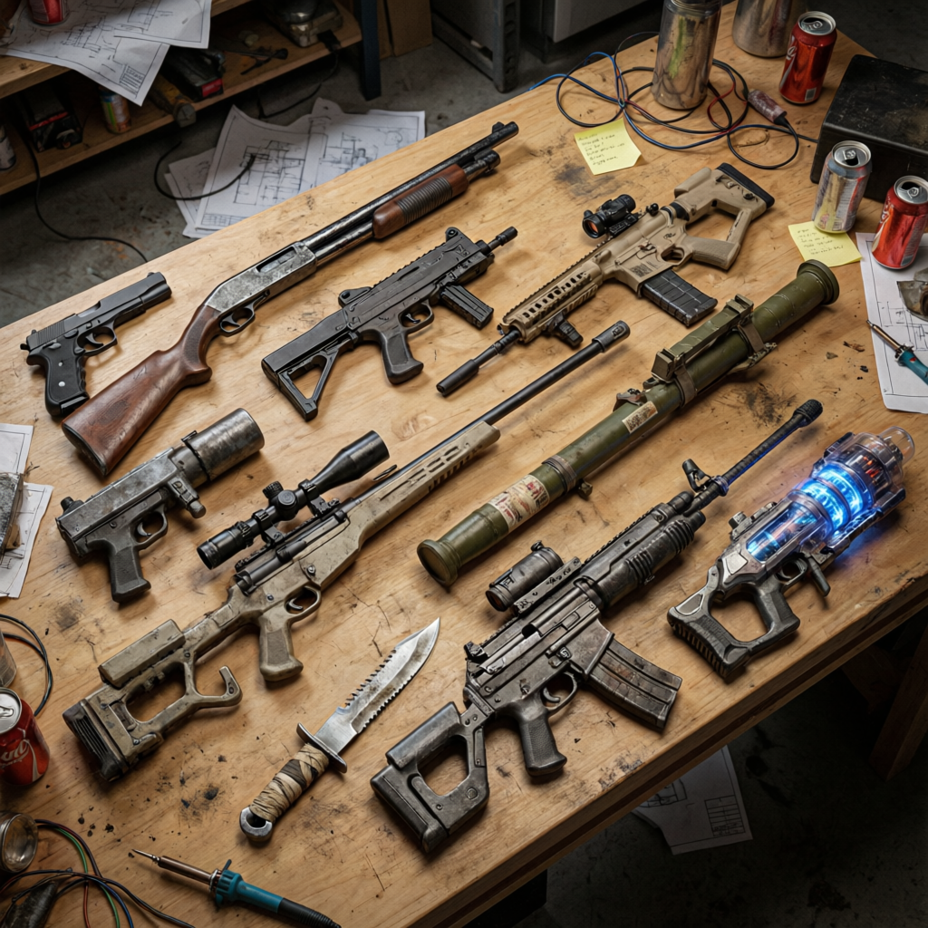 The weapon pool started at eight weapons: pistol, shotgun, SMG, assault rifle, sniper, rocket launch