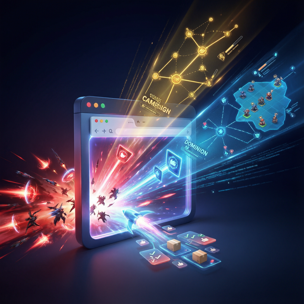 Beyond the board, we've got a 24-mission campaign, RUSH wave survival, and a DOMINION RTS mode, all