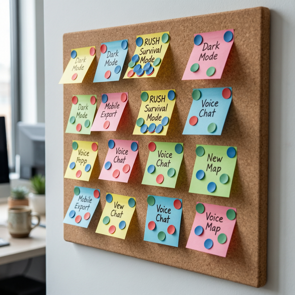 The idea board is a simple page where anyone can pitch a feature, and every player gets one vote. No