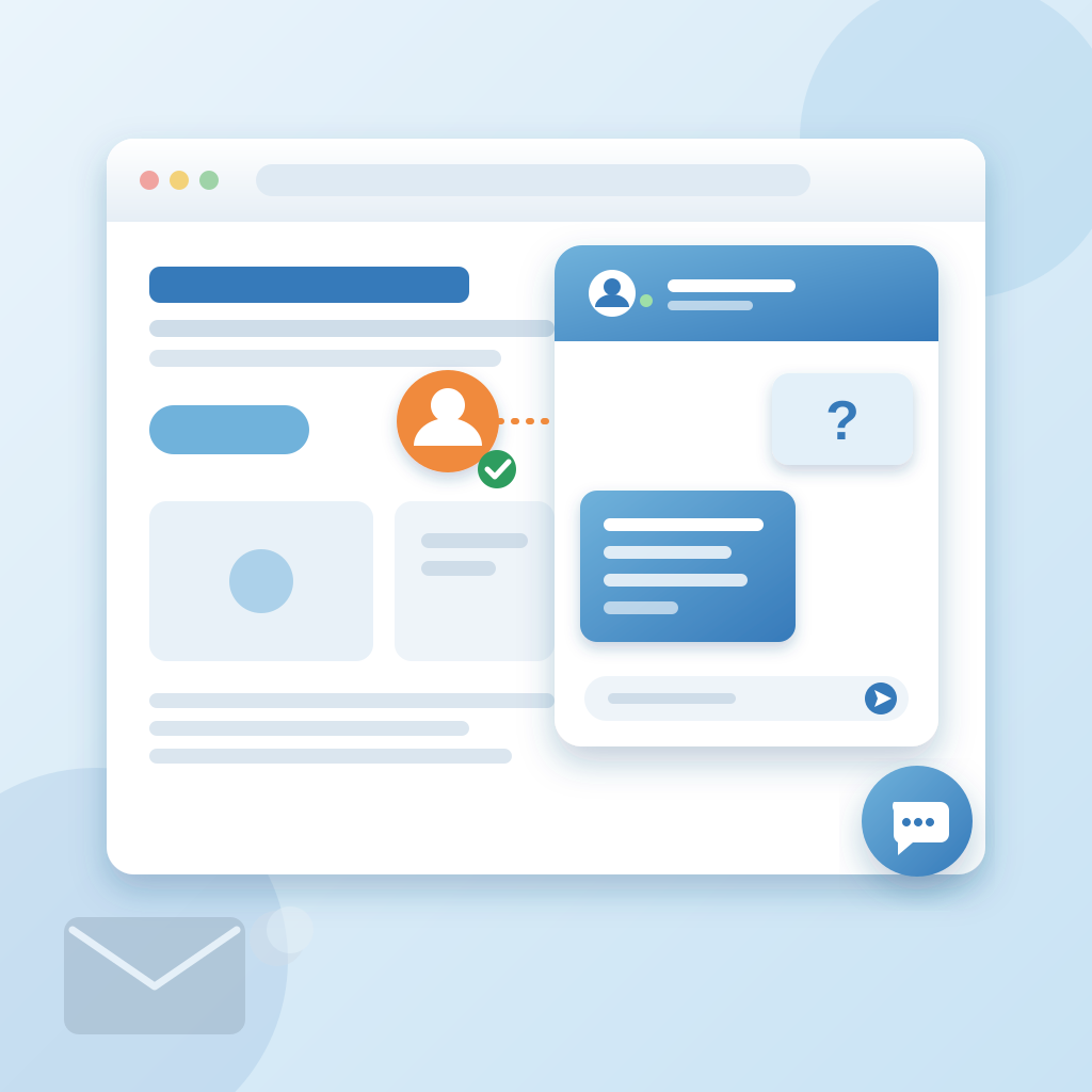 A website with a chat widget open in the corner answering a visitor's question instantly, while a faded, unread inbox sits dimly aside.