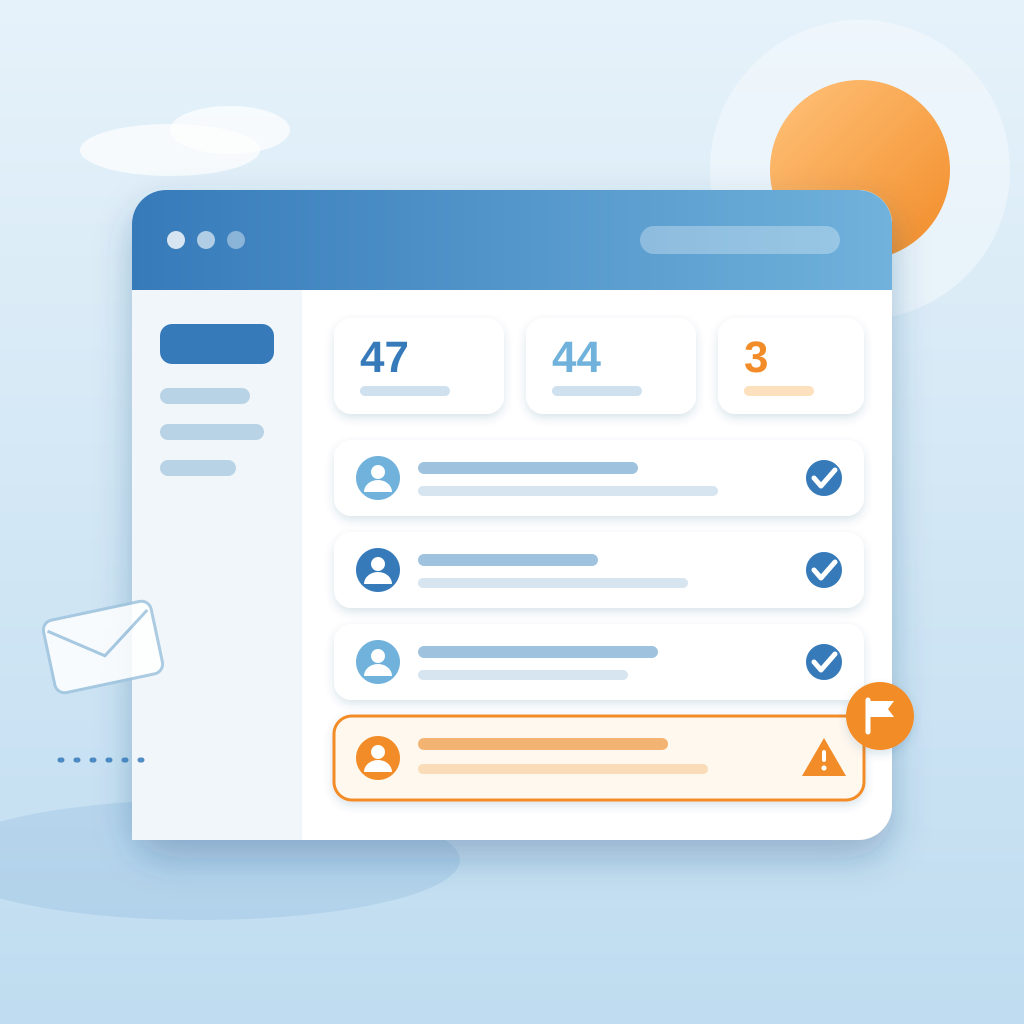 A dashboard inbox showing most customer conversations marked resolved with check marks and one highlighted in orange as flagged for the owner, under a morning s