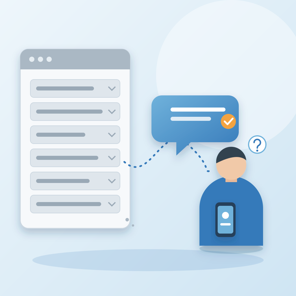 A dusty static FAQ page of collapsed rows on the left, while a glowing blue answer bubble travels along a dotted path to a person with a question mark holding a