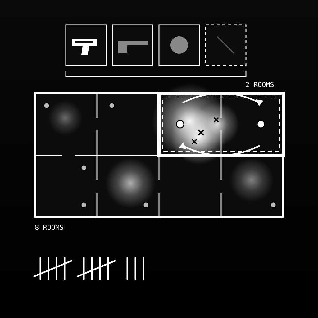 Black-and-white death heatmap of an eight-room map with two adjacent rooms outlined for spawn rotation, above a loadout row where a pistol still holds its slot,