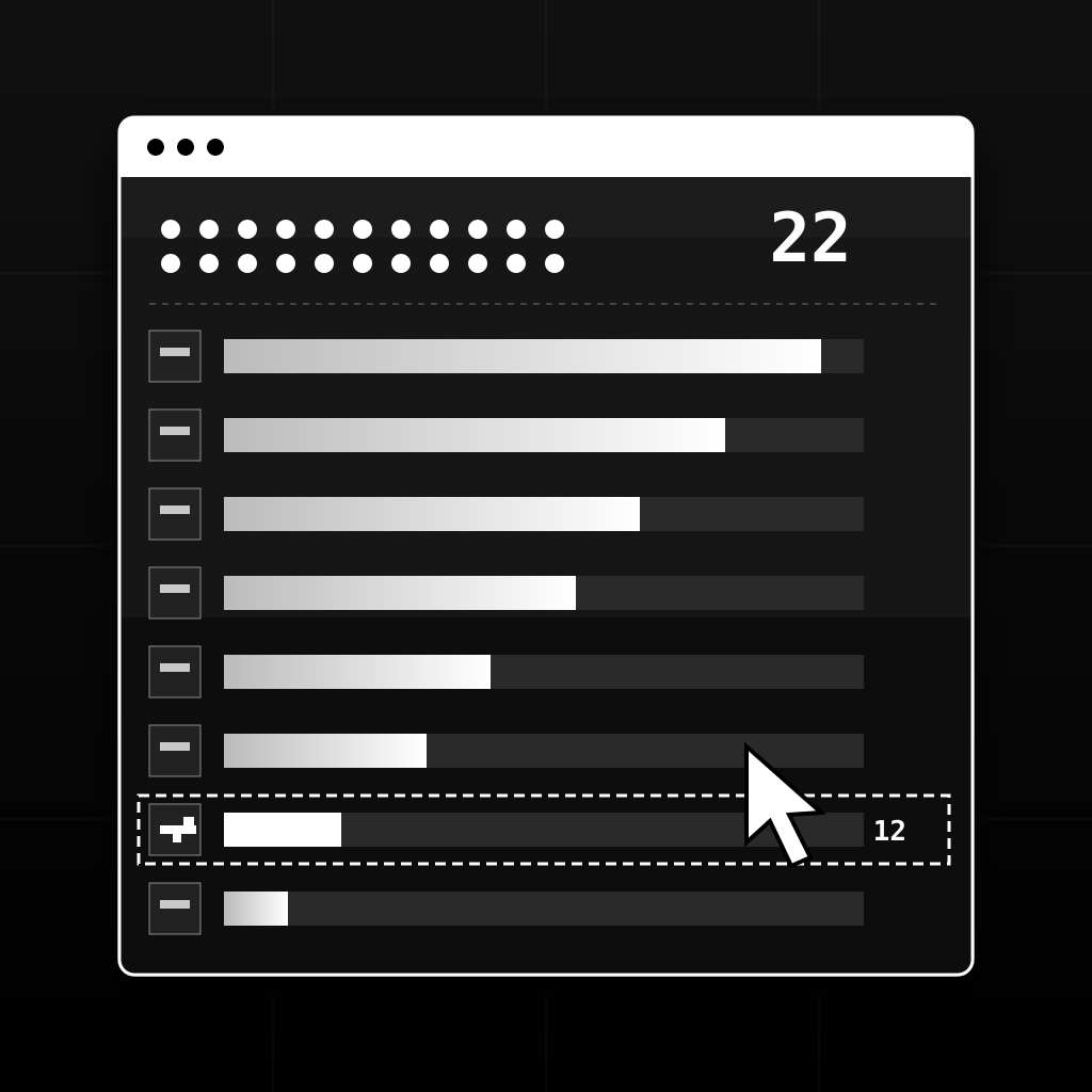 A black-and-white vote board of ranked pitch bars with 22 dots counting people who asked for it and one highlighted gun row marked 12.