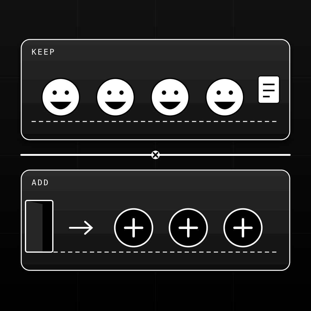 Two separate lanes on a black background: an upper lane of smiling players with a pitch card, and a lower lane of new players with plus signs entering through a