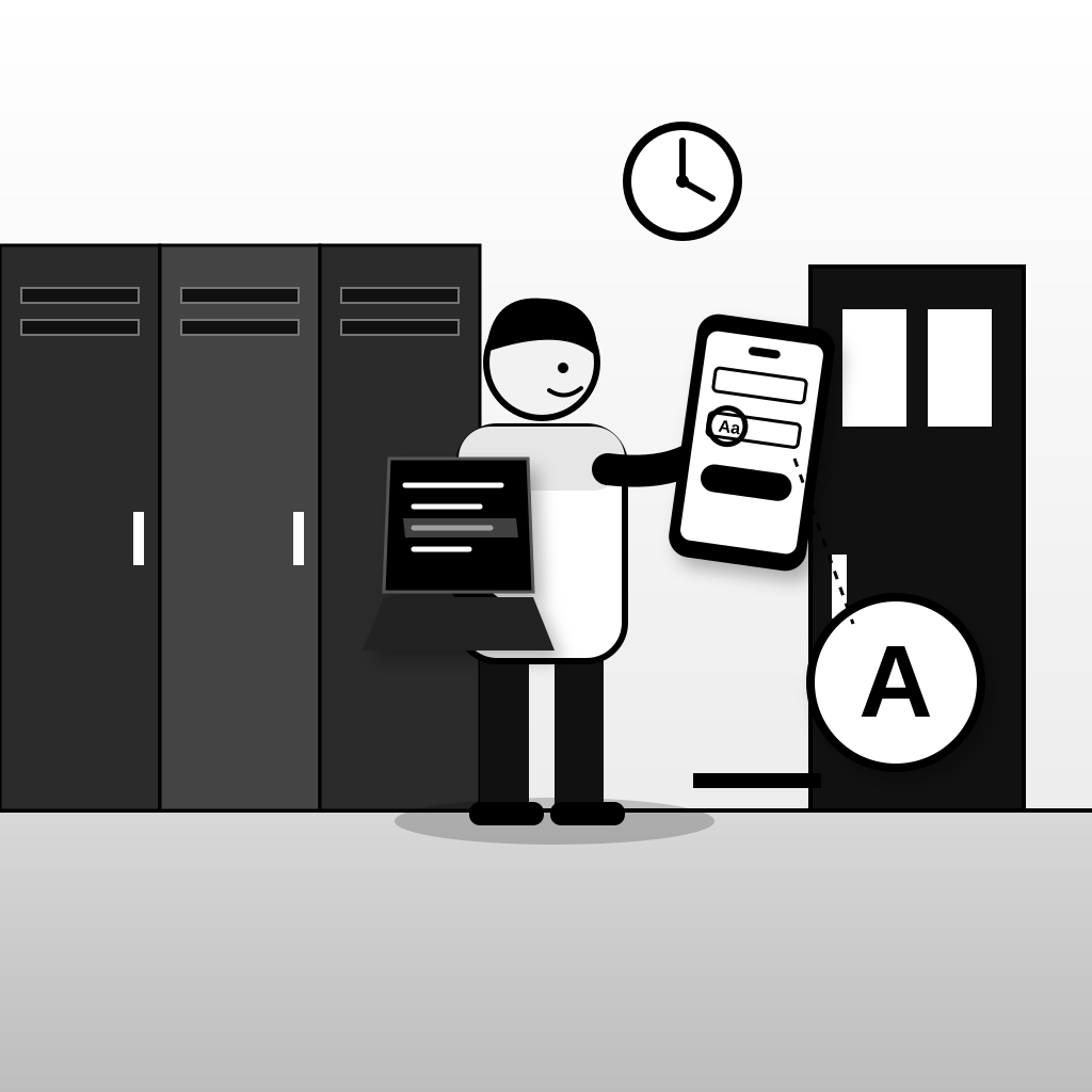 A student in a school hallway holds up a phone showing a login field with one capital letter circled while carrying a laptop with a code patch, a lecture room d