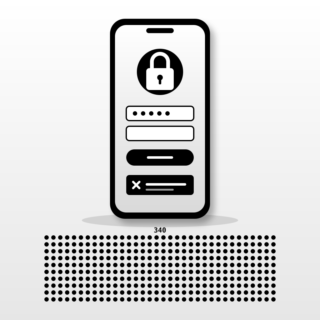 A phone showing a locked login screen with a failed-password error, above a grid of 340 black dots representing the locked-out players.