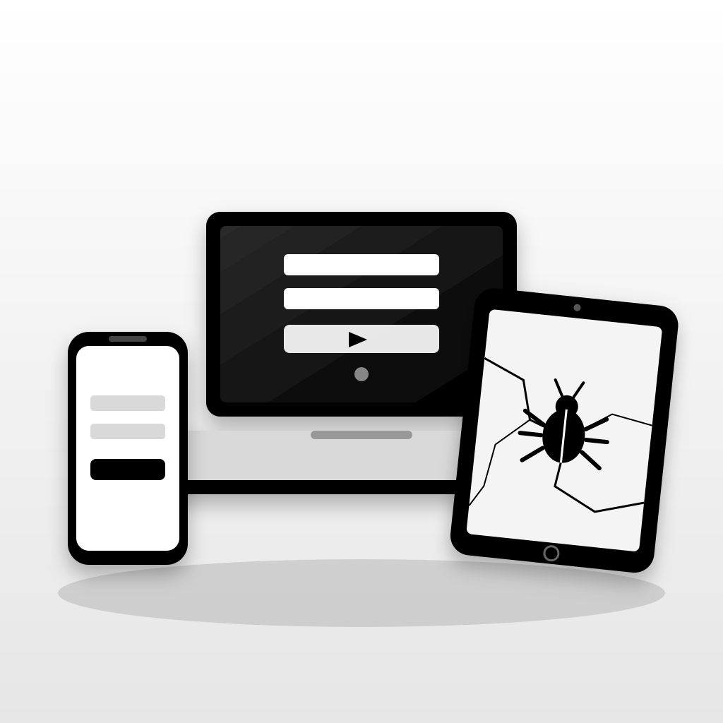 Black and white illustration of a laptop with a login form, a phone, and an old cracked tablet showing a bug on its screen.