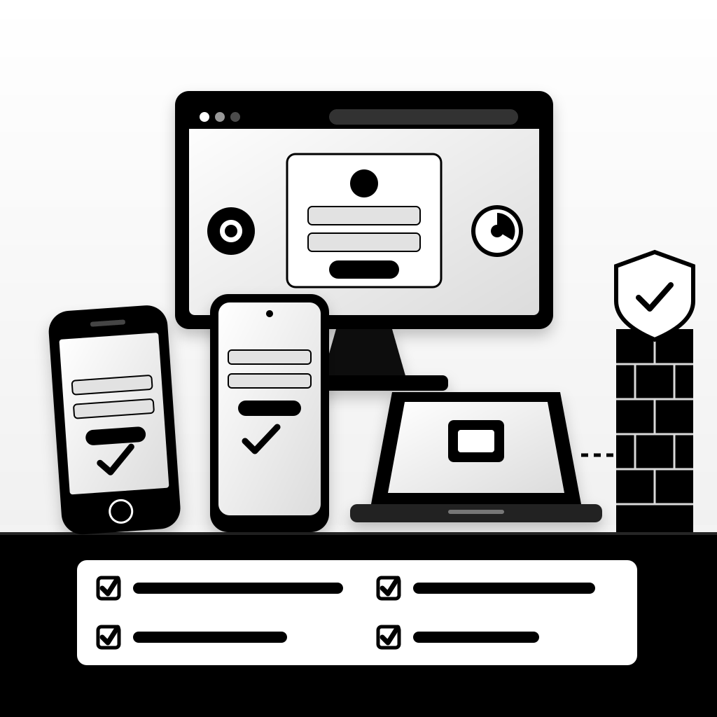 Black and white illustration of a test device lineup: an older iPhone, a mid-range Android phone, a desktop monitor showing a login form, and a school laptop be