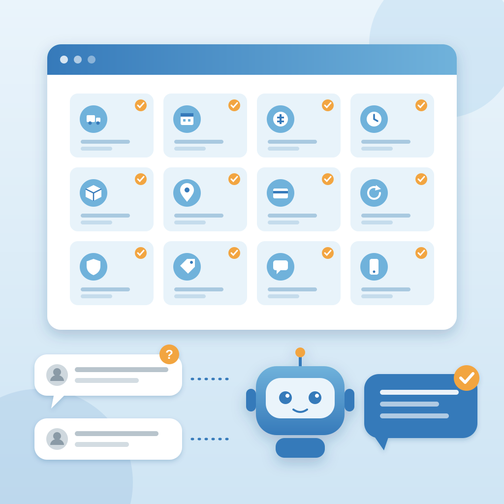 A support chat window showing twelve answered question tiles with checkmarks, while a friendly robot agent turns customer question bubbles into replies.