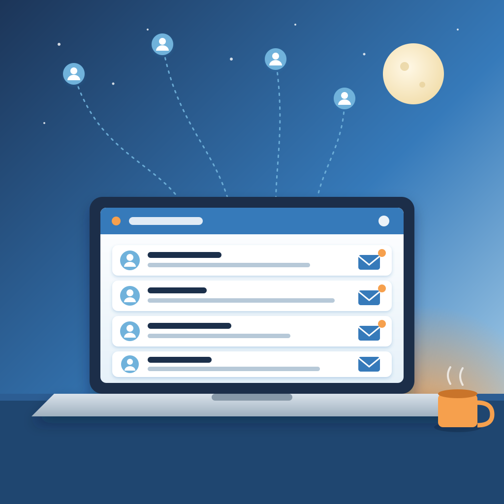 Four visitors arrive at a website under a night sky and moon, and the next morning their four emails sit together in one inbox on a laptop beside a warm cup of 