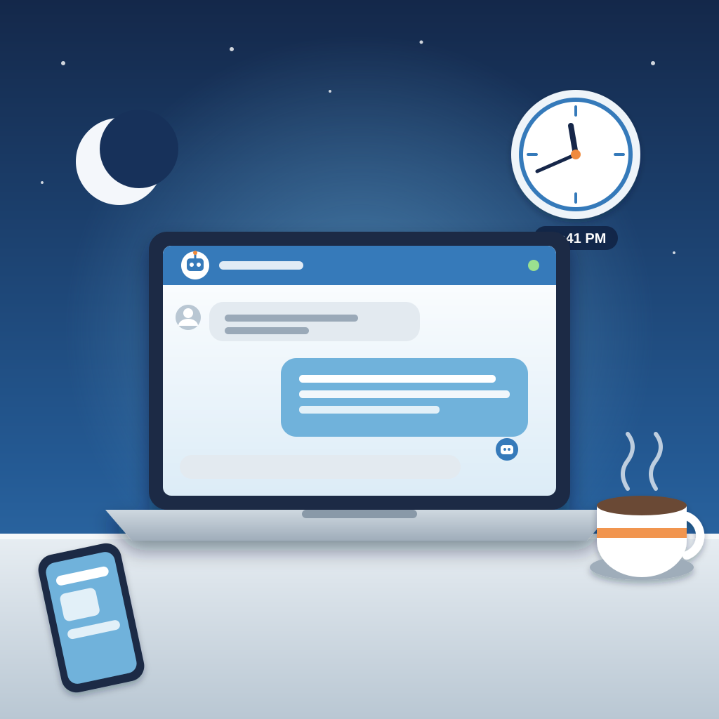A laptop shows a late-night website chat where an automated assistant answers a visitor, with a clock at 11:41 PM, a moon, a morning coffee cup and a phone on t