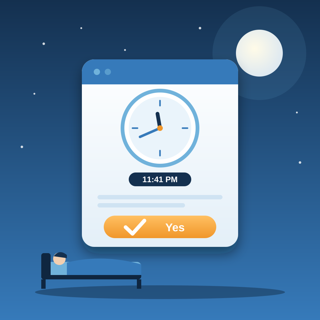 A glowing booking widget card on a night sky shows a clock at 11:41 PM and a large amber Yes button while a person sleeps in bed below.