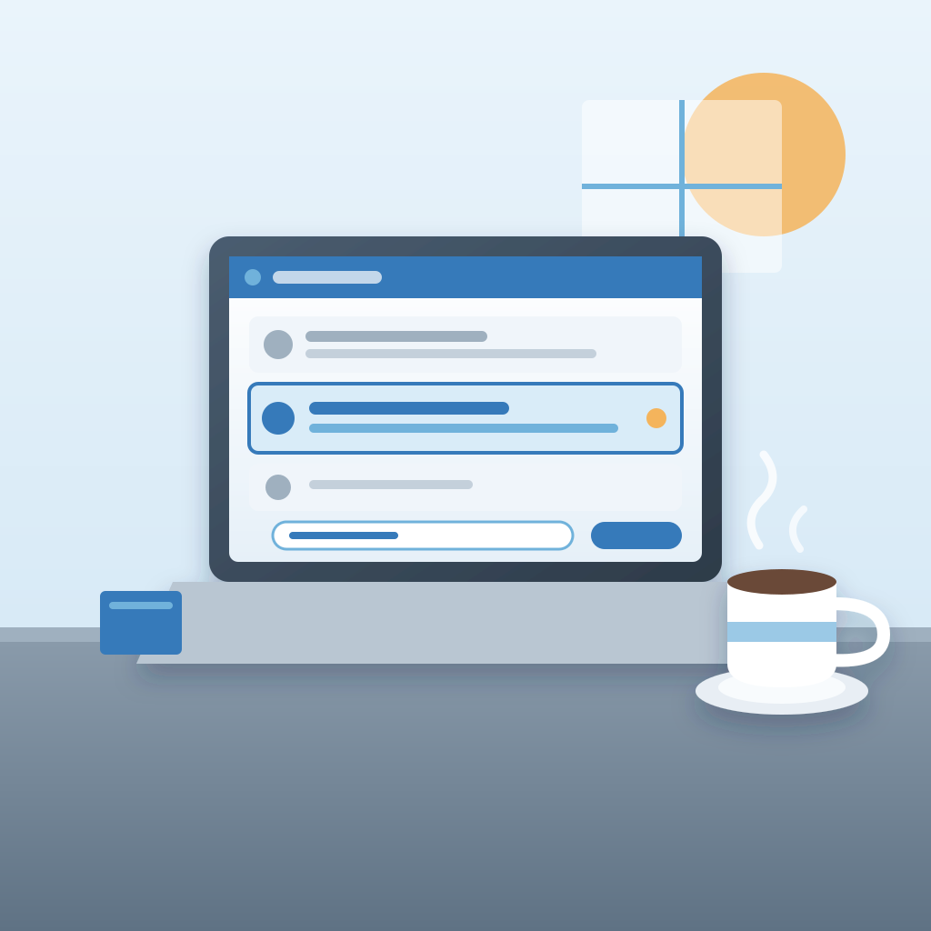 A laptop on a desk beside a steaming coffee cup, its inbox showing one highlighted lead reply and a short one-line answer being sent.