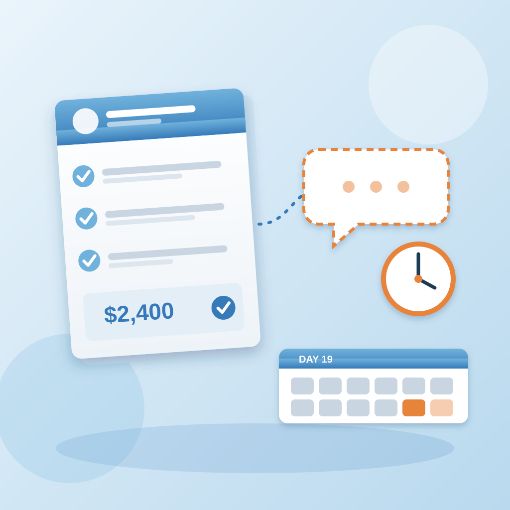 A polished proposal page with checkmarks and a $2,400 price sits beside a small, dashed, empty follow-up message bubble, a clock, and a calendar with the days s