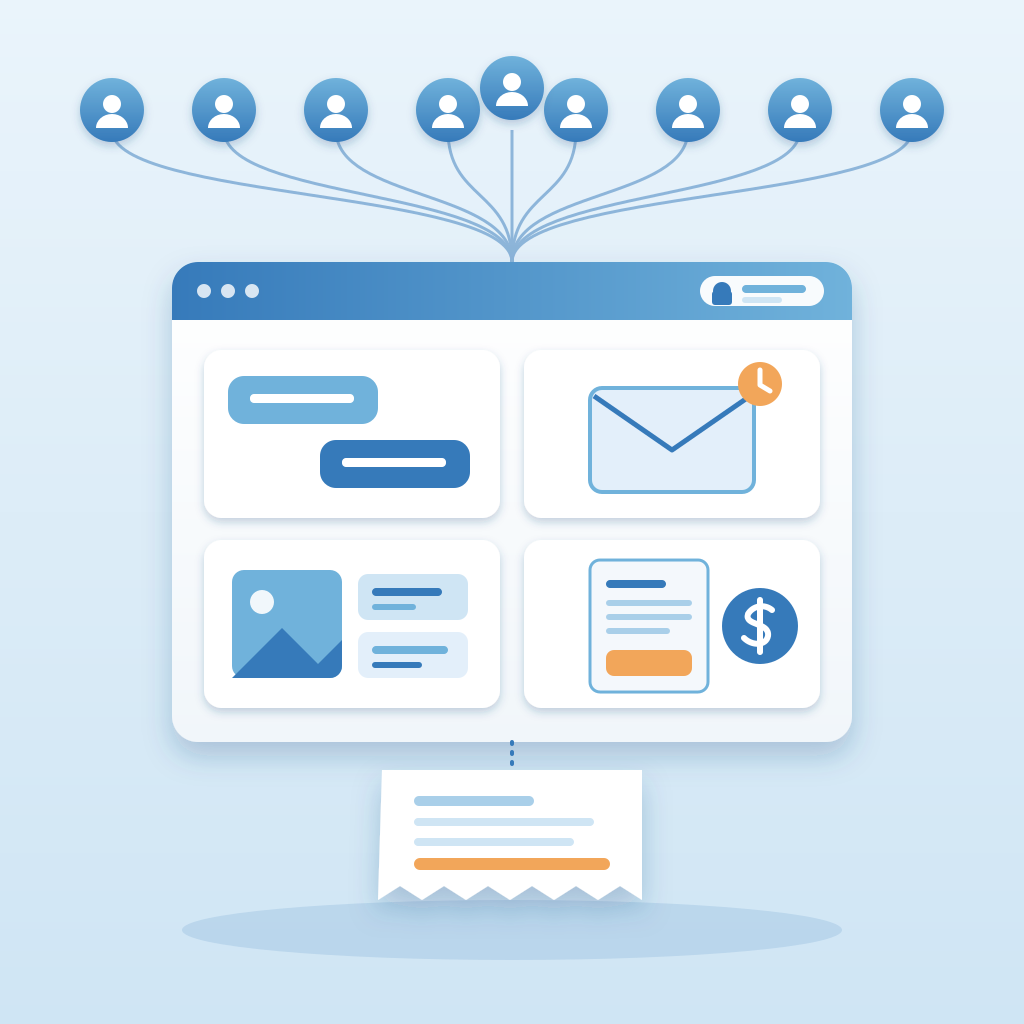Nine small agent avatars all feed into one app window holding chat, a follow-up email, posts and an invoice, which resolves into a single bill slip.