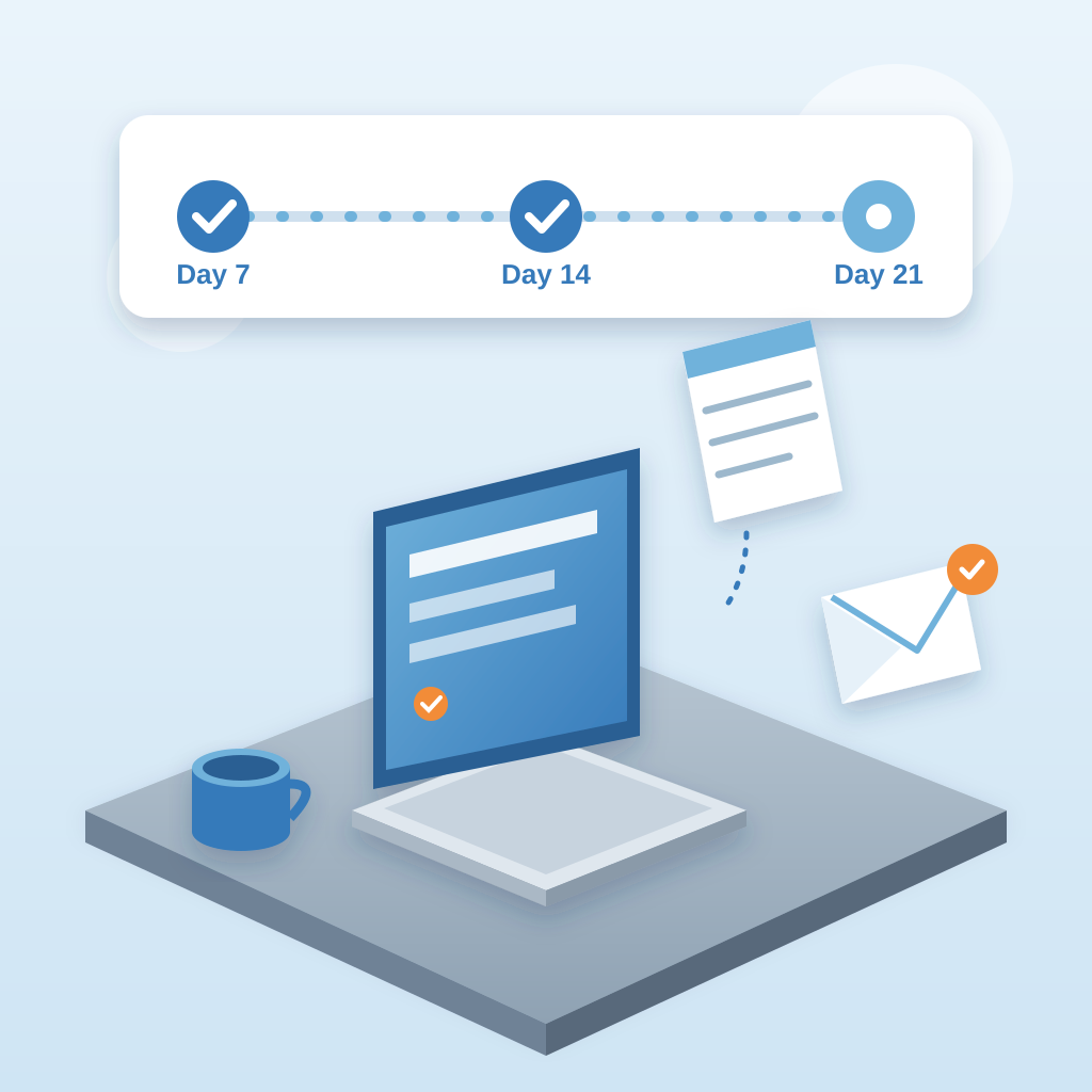 An isometric desk with a laptop showing a follow-up schedule, a proposal document dropping in, a Day 7, 14, 21 timeline above, and a reply envelope arriving.