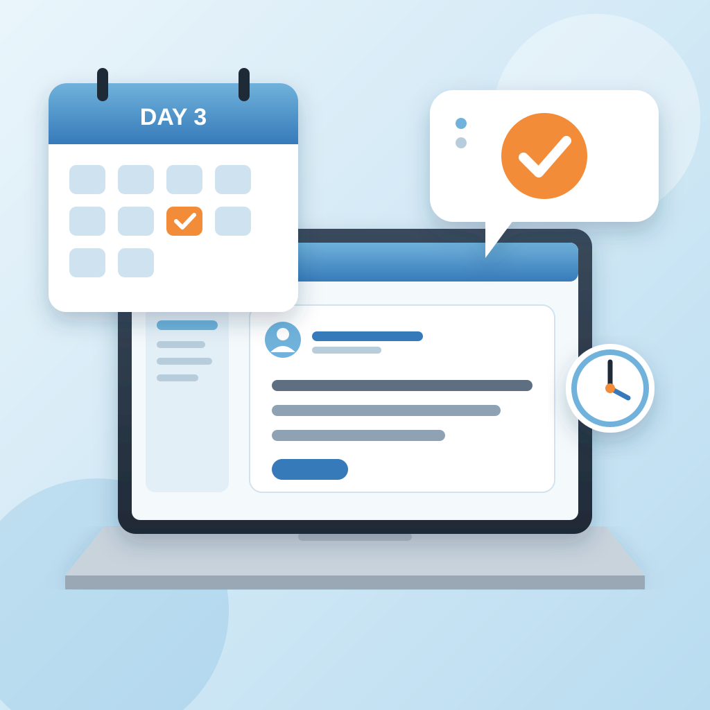 A laptop showing a short three-line email, beside a calendar with day 3 marked and a check mark bubble showing the lead's positive reaction.