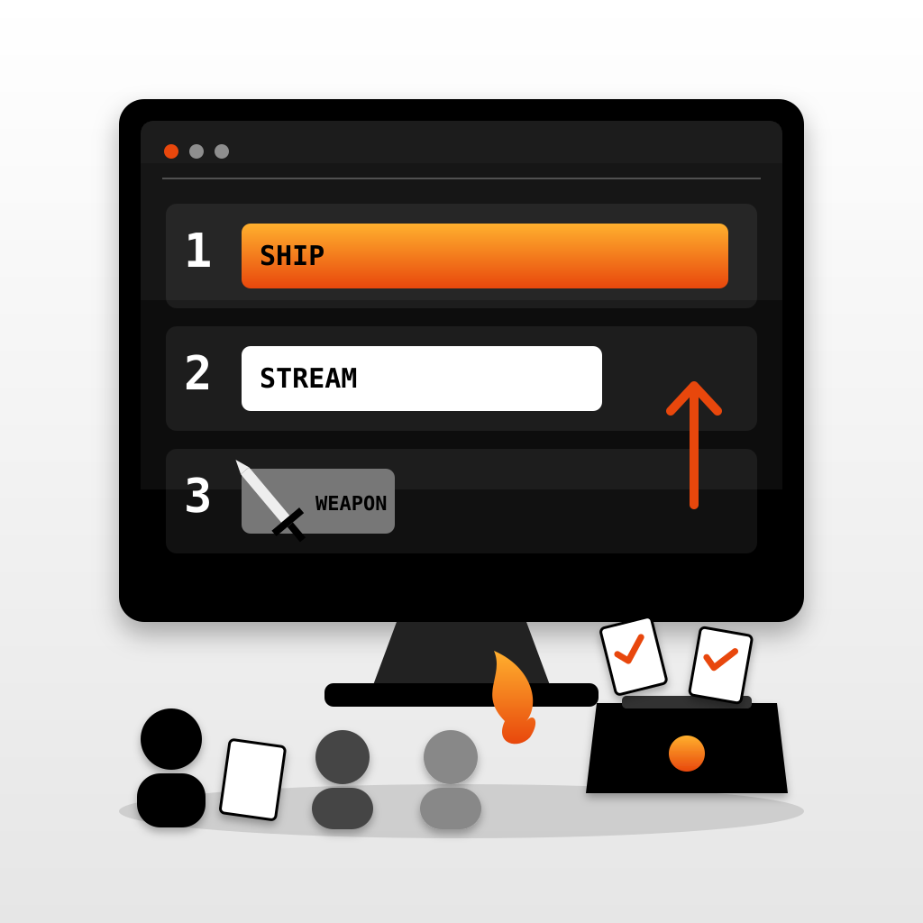 A glowing vote leaderboard screen with a long orange "ship" bar ranked first, a shorter "stream" bar second and a small weapon bar sinking to third, while playe