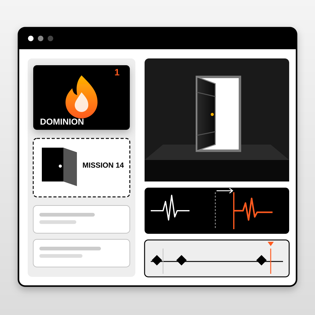 A half-built game dev screenshot with a task board where a black DOMINION card topped with a flame sits above a dashed MISSION 14 door card, next to a ajar door