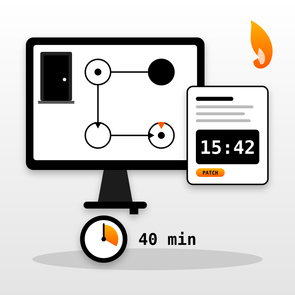 A monitor shows a game-door state machine with one broken transition patched in orange, beside a file card stamped 15:42 and a stopwatch reading 40 min.