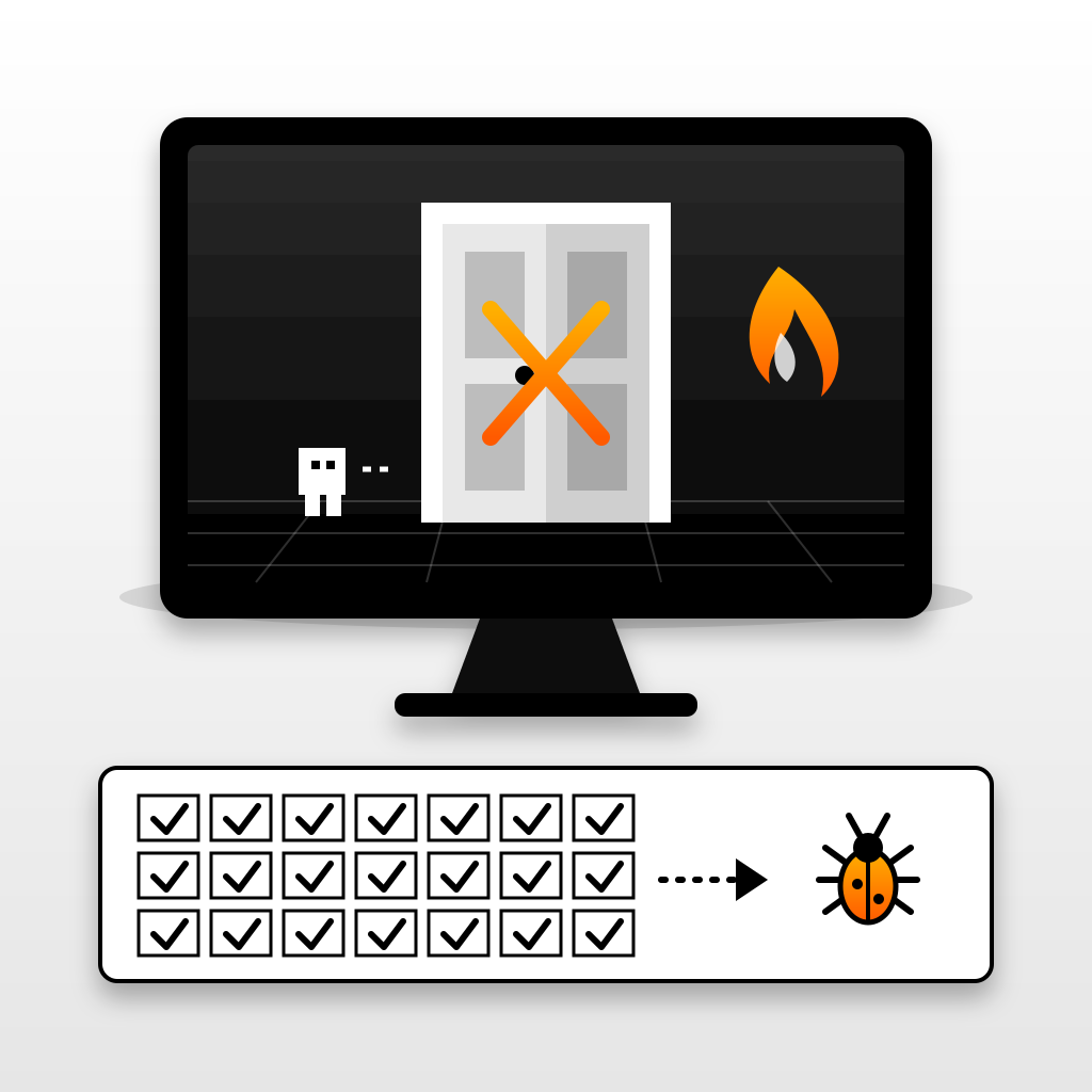 A game monitor showing a locked, X-marked door beside a flame, above a calendar of three weeks of checked-off days that ends in an orange bug.