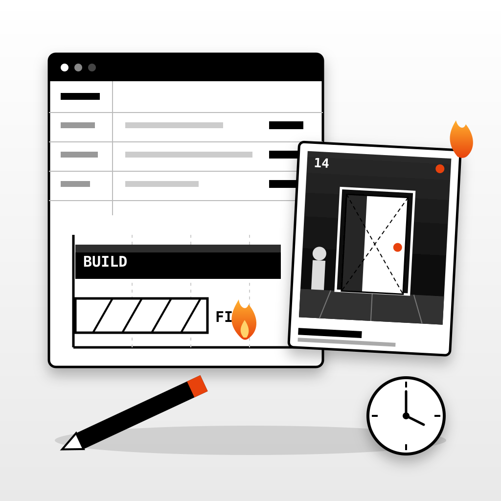 Black-and-white flat illustration of a shared spreadsheet with a long BUILD bar and a shorter flame-marked FIX bar, beside a half-built wireframe game screensho
