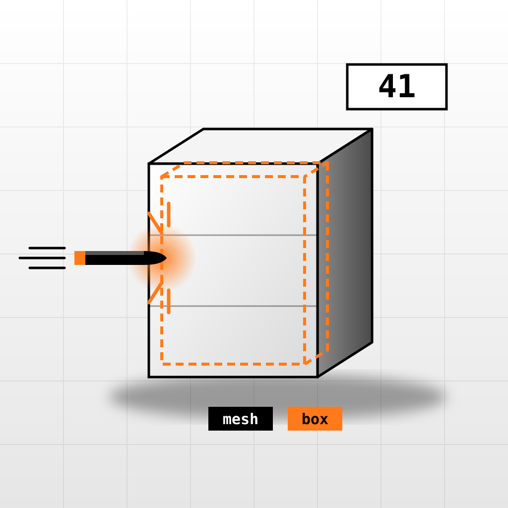 A white isometric cover block with a dashed orange collision box shrunk inside it, stopping a black bullet that hits its face, with a "41" tag.