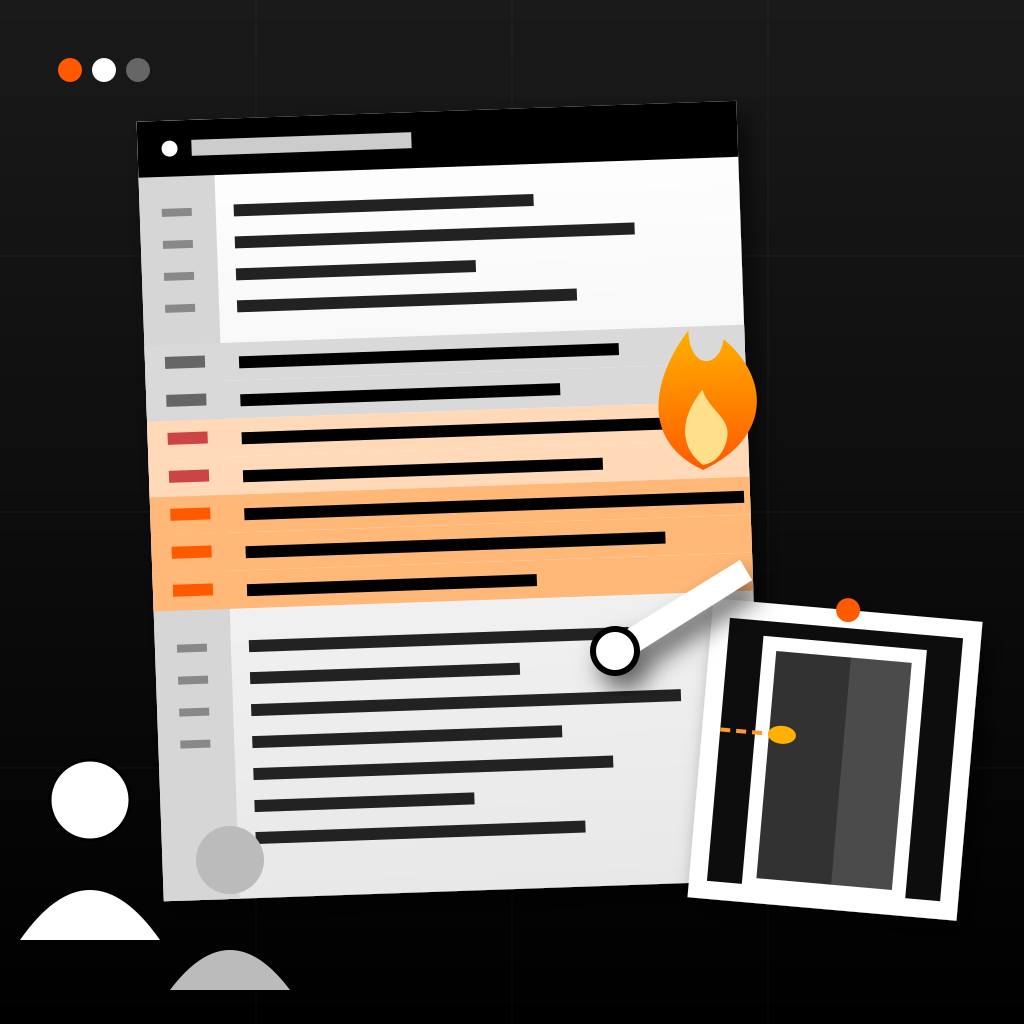 A printed code diff pinned up with red-removed and orange-added lines, a pointer tracing one line, a fire accent, a doorframe bullet snapshot, and two learners 