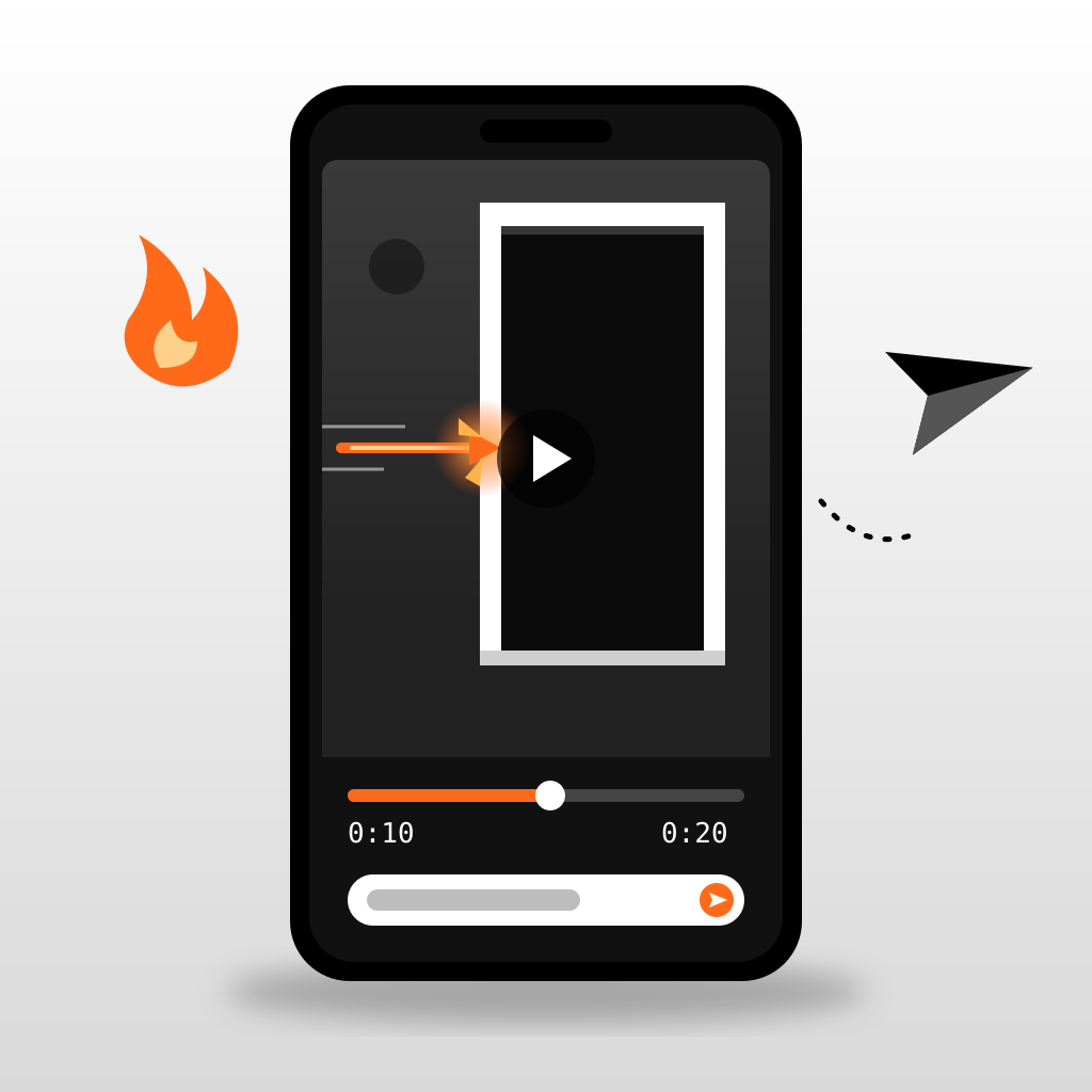 A smartphone playing a short video clip of an orange bullet stopping at a white doorframe, with a timeline, a send arrow and a small flame accent.