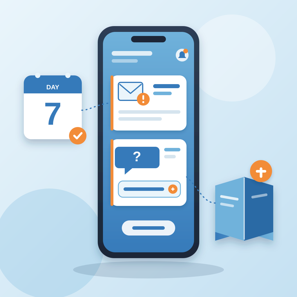 A phone showing two alert cards, an unsent invoice reminder and an unanswered chat question, linked to a day 7 calendar and a knowledge-base book with a plus bu