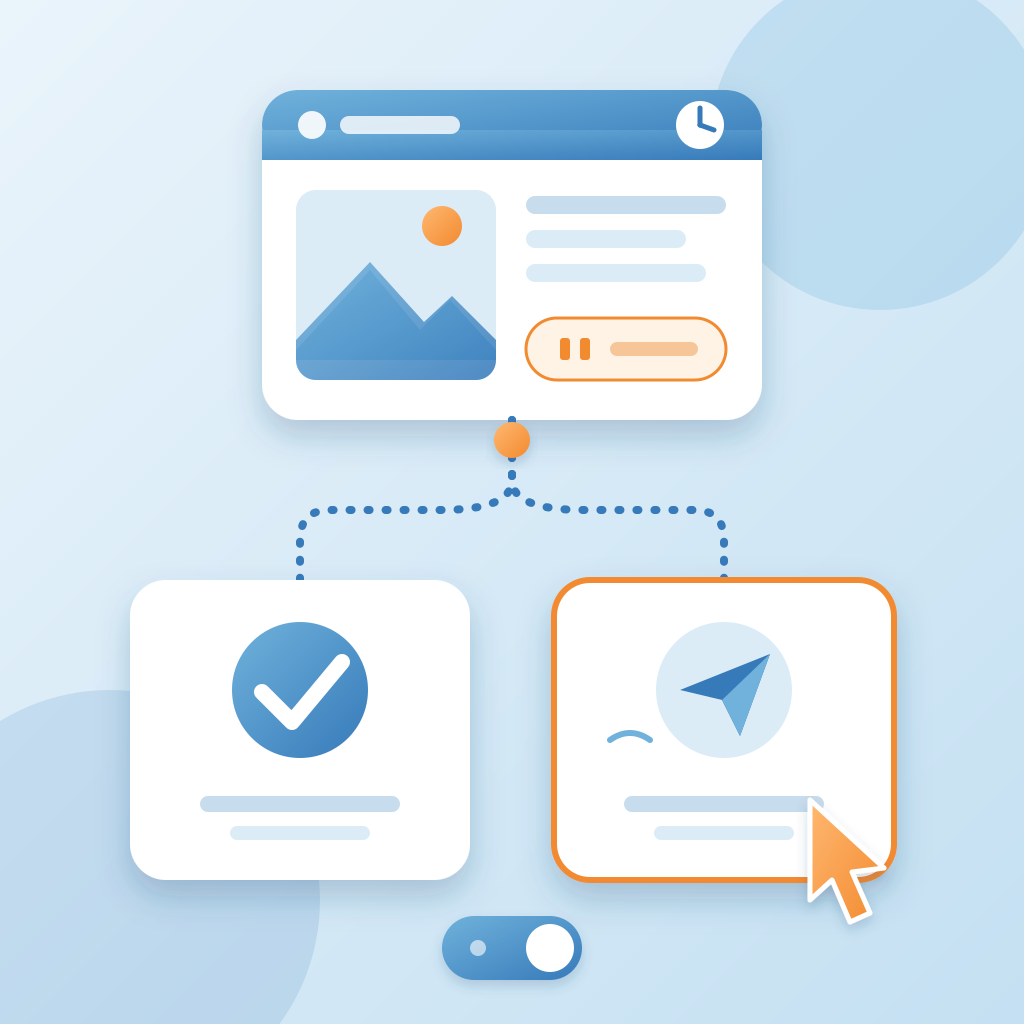 A scheduled post card paused at the top forks into two option cards, approve a retry or auto-publish, with a toggle and a pointer showing the choice is the user