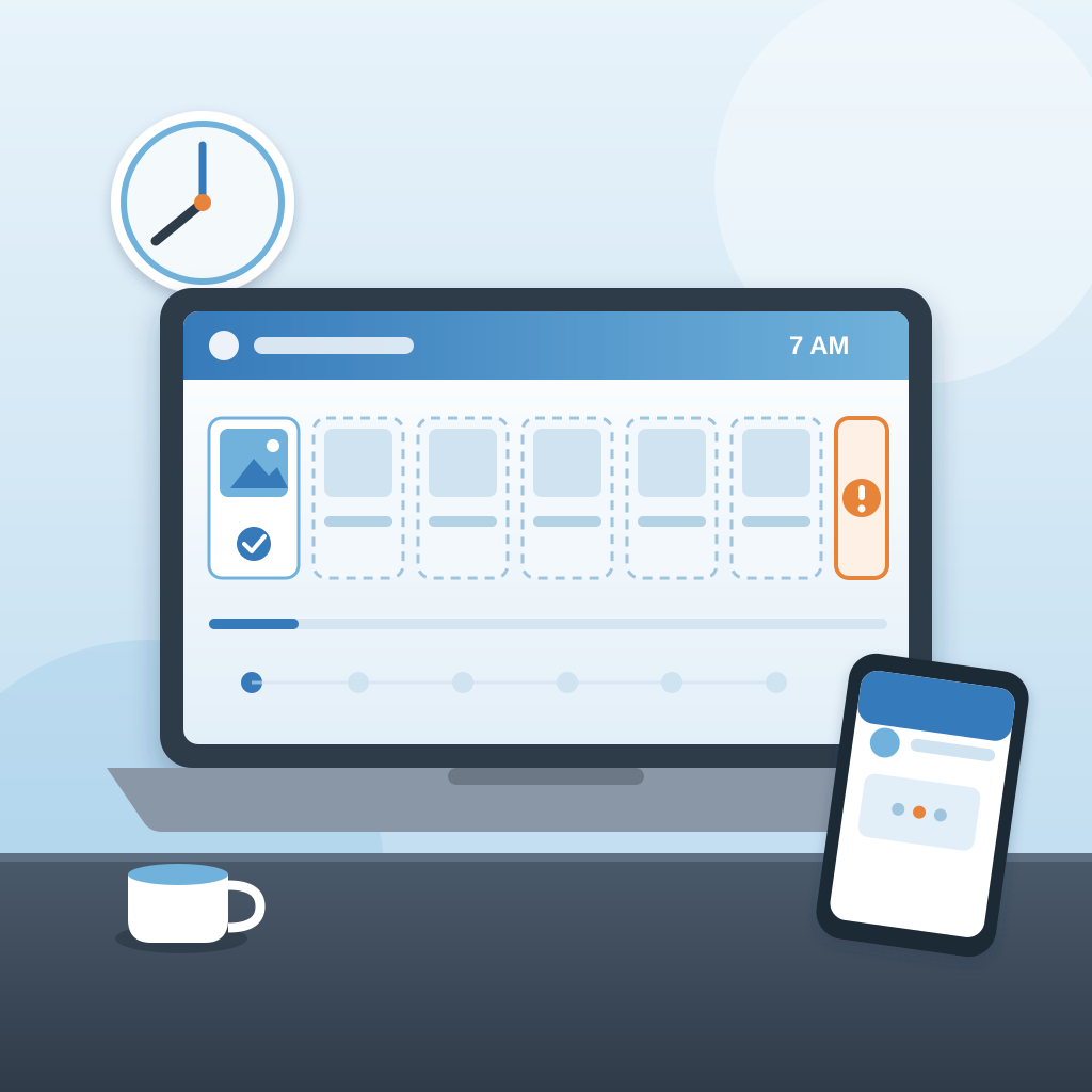 A laptop shows a row of scheduled social posts where only the first has gone out and five slots are empty, with a warning marker, a 7 o'clock clock and a client