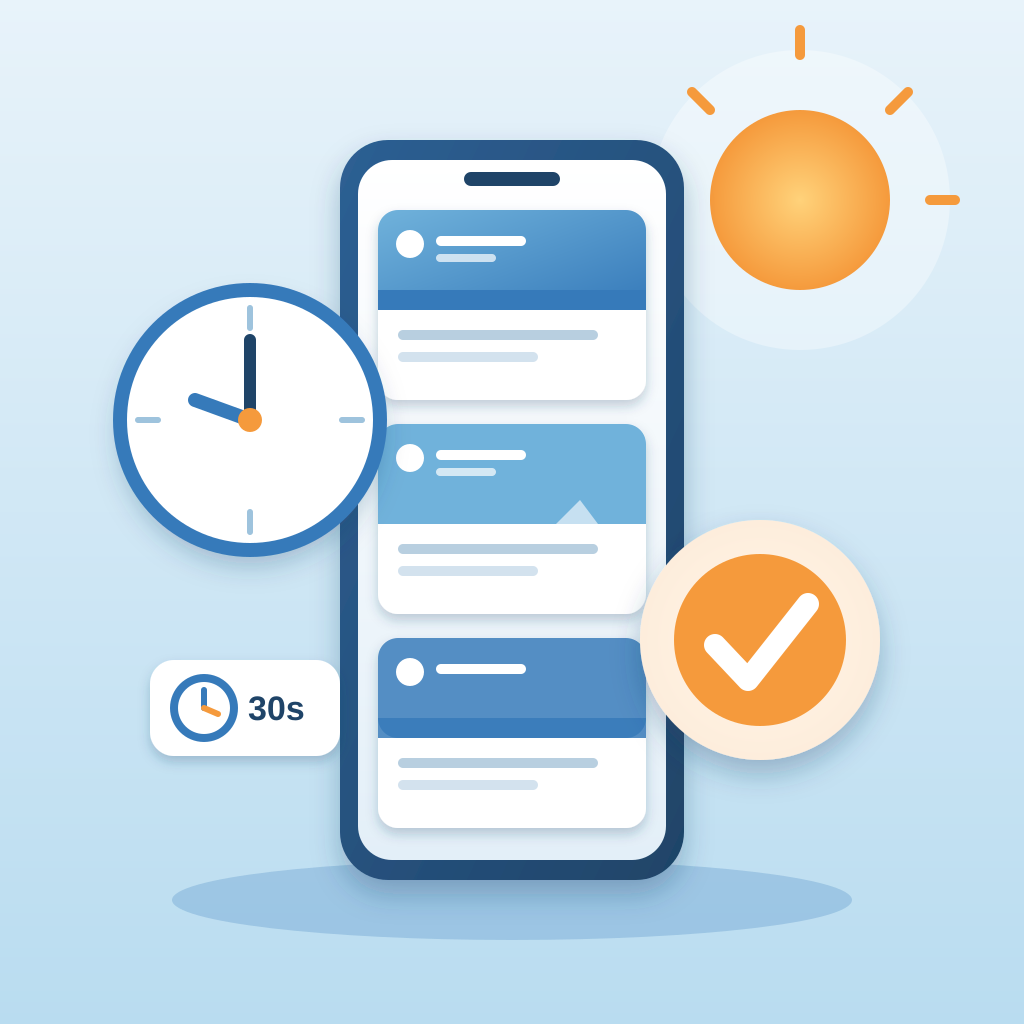 A phone showing a full, active social feed beside a 7 o'clock clock, a sunrise and a large orange check mark, with a small 30-second timer badge.
