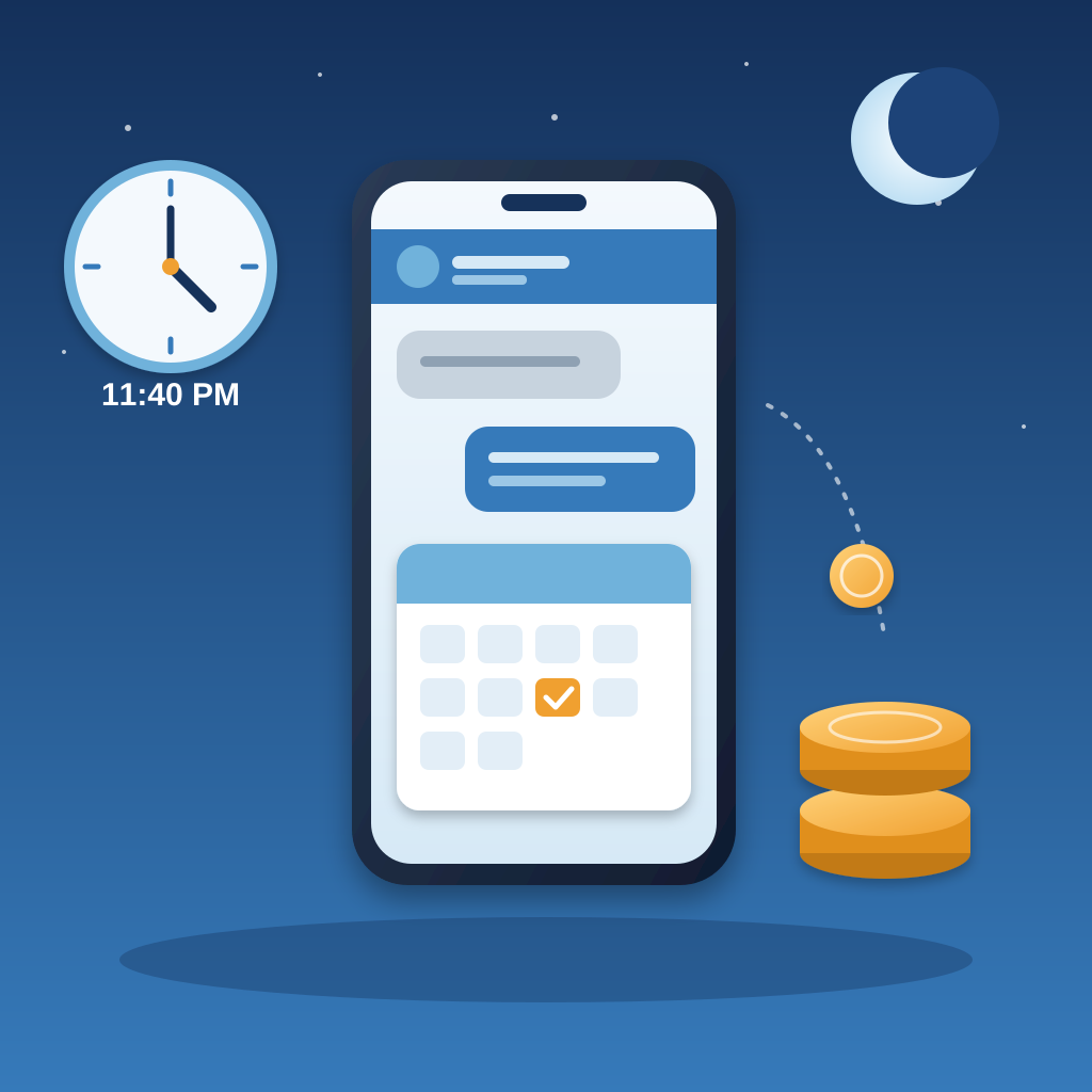 A phone at night beside a clock reading 11:40 shows a visitor's question answered by an agent and a booked calendar slot, with a coin falling onto a stack of sa