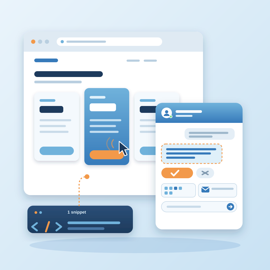 A pricing page in a browser window with a chat widget added by a single code snippet, showing a drafted reply awaiting approval, plus booking and email capture.