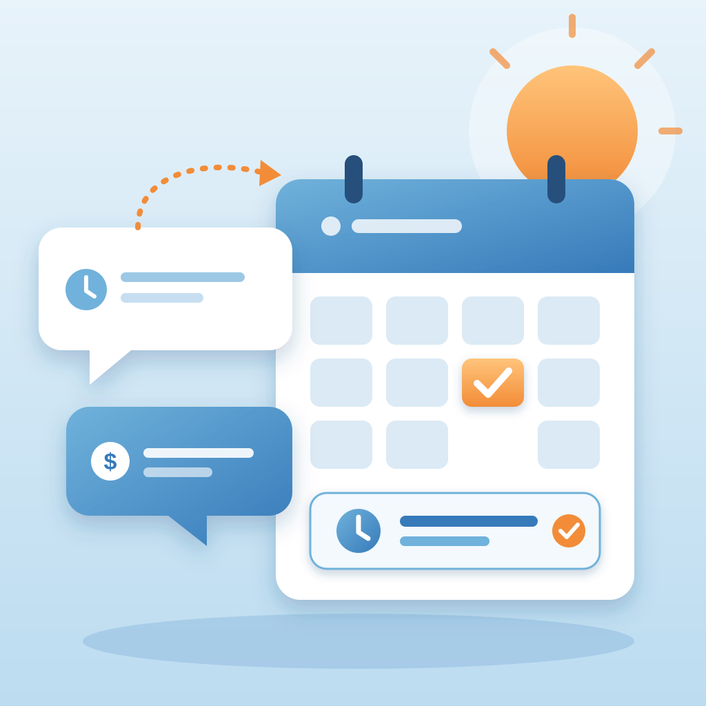 A chat bubble about timelines and budget points to a calendar where one day is marked with an orange check and a booked time slot, under a rising morning sun.